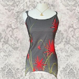 Striped Black Red Floral Asymmetrical Stretch Sleeveless Women's Large Top